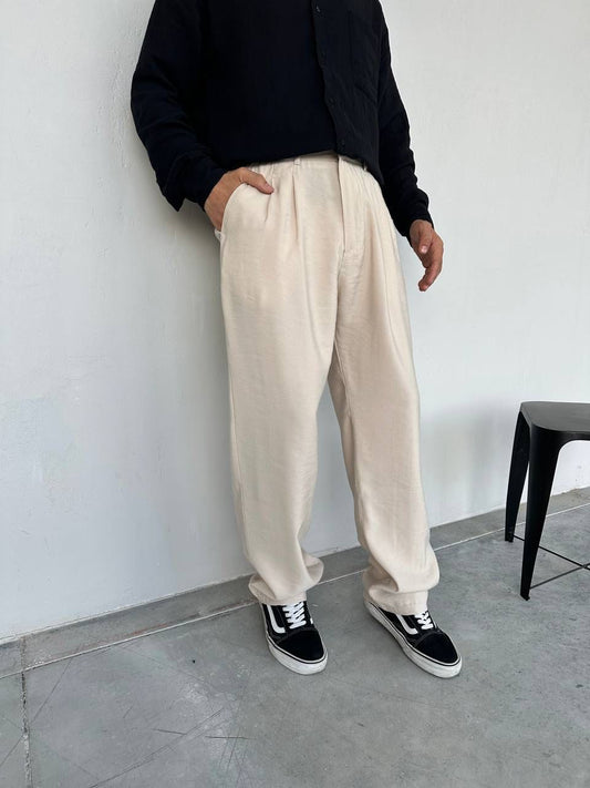 W11 Baggy Kumaş Krem Pantolon
